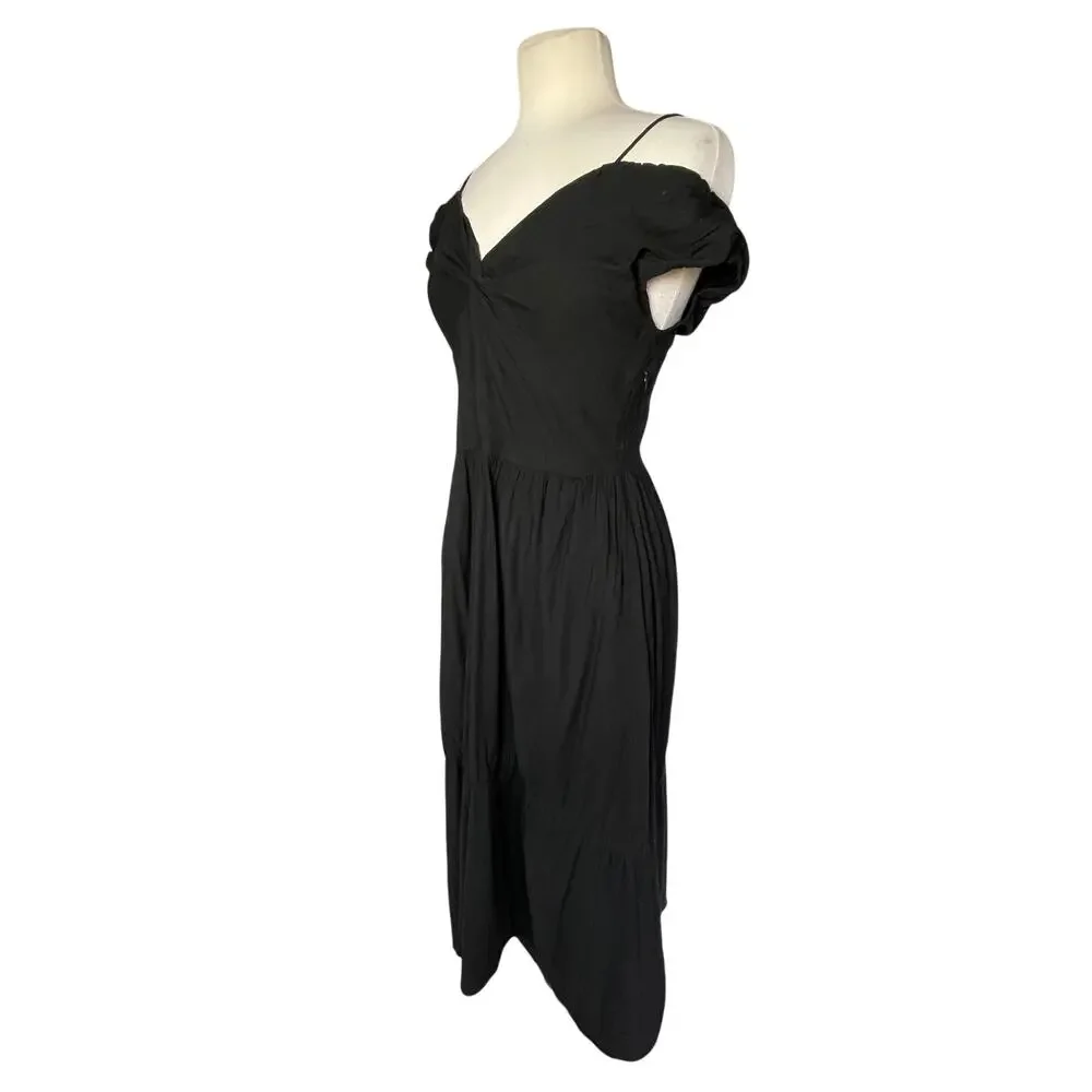 VINCE Black Linen Blend Twist Front Off the Shoulder Midi Dress size 4 - Picture 6 of 10